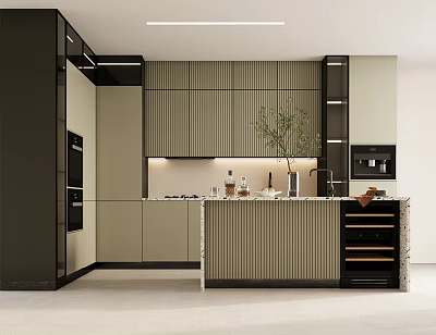 Modern Kitchen Interior With Striped Cabinets Island Counter And Green Plant Decor 3d model