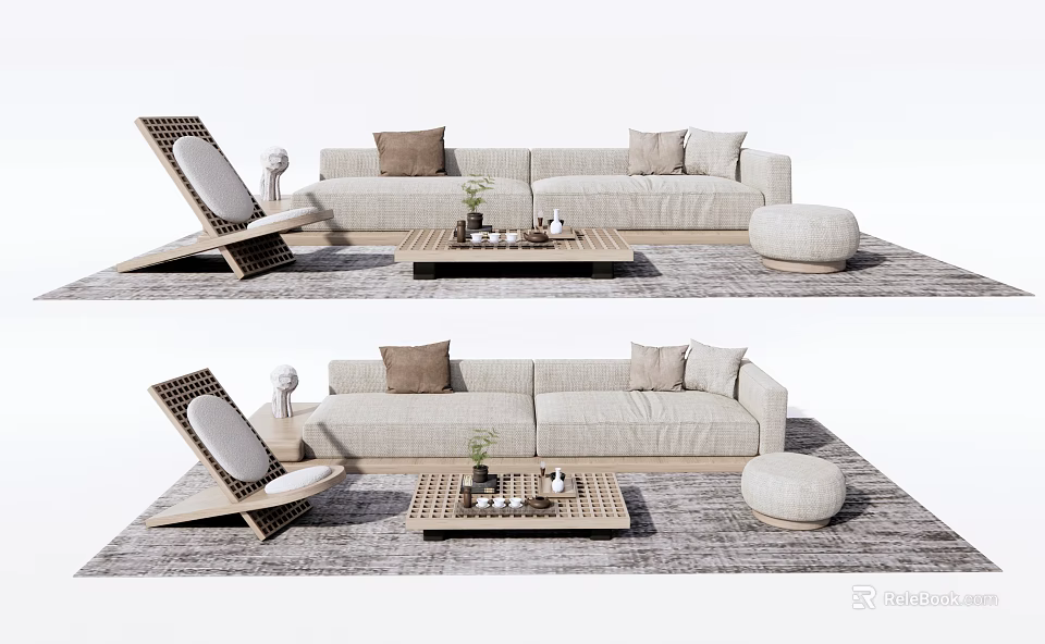 Modern Beige Sofa and Coffee Table Set with Pillows Wooden Table Lounge Chair Ottoman and Rug 3d model 