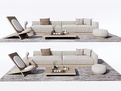 Modern Beige Sofa and Coffee Table Set with Pillows Wooden Table Lounge Chair Ottoman and Rug 3d model