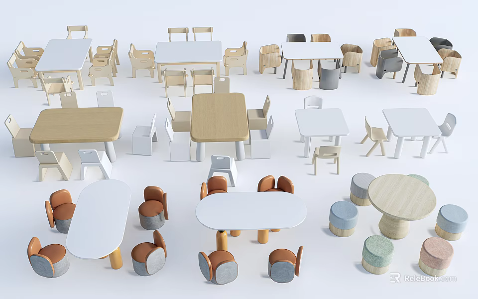 Kids Table With Various Styles Different Shapes And Colors Matching Chairs For Children 3d model 