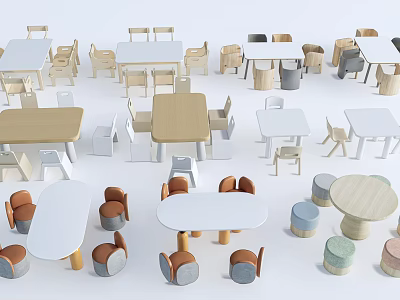 Kids Table With Various Styles Different Shapes And Colors Matching Chairs For Children 3d model