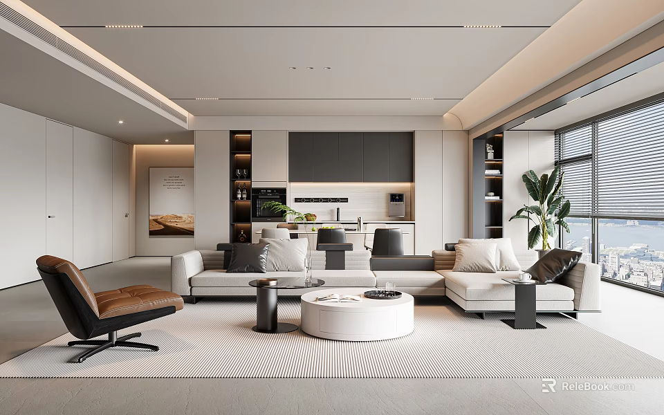 Modern Open Concept Living Dining Space With Sofa And Coffee Table 3d model