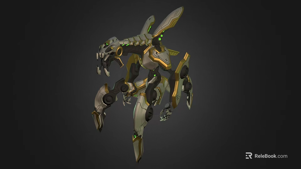 Futuristic Mechanical Creature With Multiple Metallic Limbs And Green Glowing Accents 3d model 