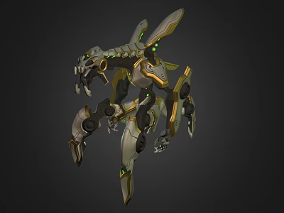 Futuristic Mechanical Creature With Multiple Metallic Limbs And Green Glowing Accents 3d model