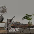Cozy Rustic Tea Table Setup With Woven Cushions Green Plants And Wooden Floor