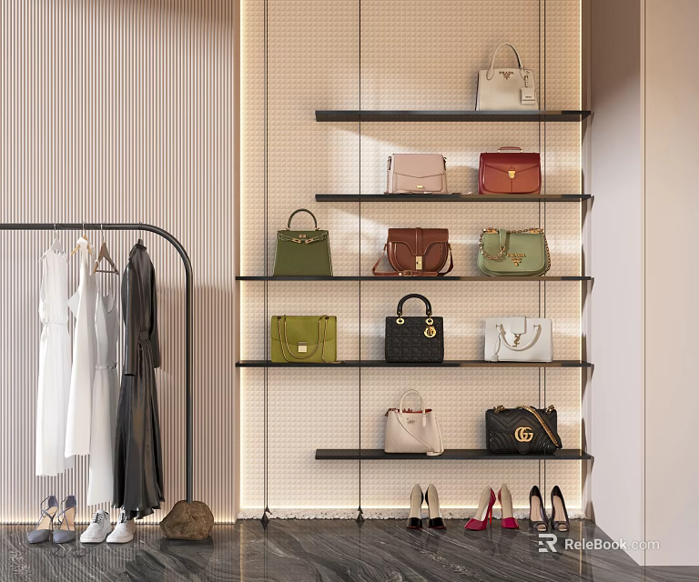 Stylish Clothes Display With Hanging Dresses Coats And Designer Bags Shoes 3d model 