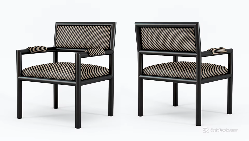 Modern Dining Chairs With Armrests Striped Seat And Backrest Black Frame Design 3d model 