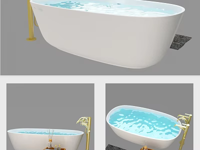 Elegant White Freestanding Bathtub With Gold Faucet And Water In Modern Bathroom 3d model