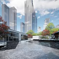 Contemporary Building Exterior With Glass Facade Curved Design Urban Trees And Open Plaza