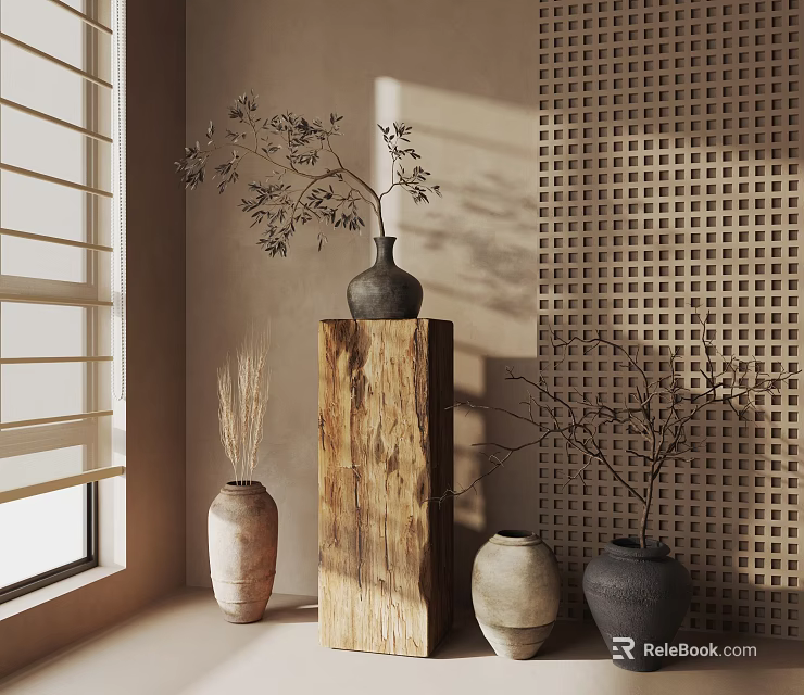 Decorative Ceramic Vessels in Window Area with Wooden Pedestal Perforated Wall and Plant Branches 3d model 