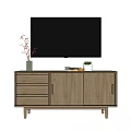 Light Wood TV Cabinet with Drawers Cabinet Doors TV Vase and Small Plant on Top
