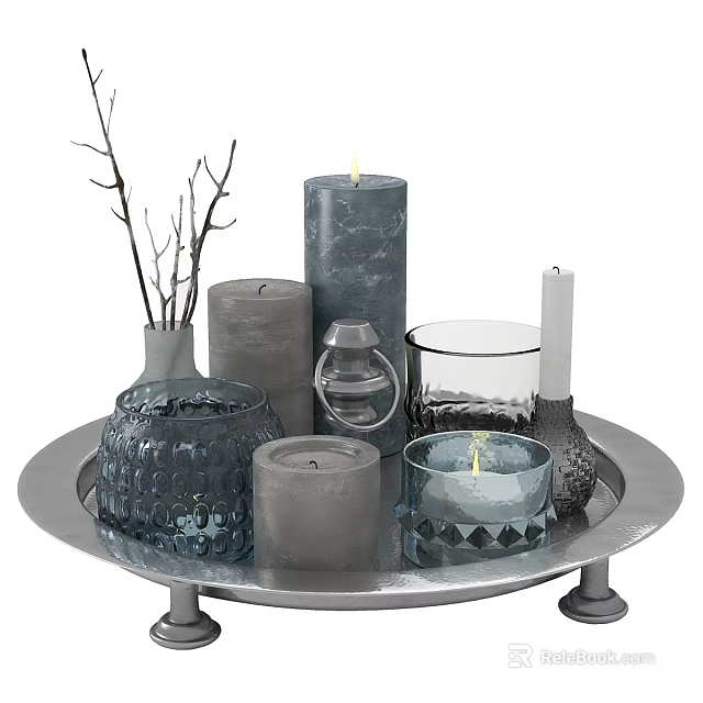 Modern Decorative Ornament Set With Metal Tray Gray Candles Glass Holders And Twig Vase 3d model 