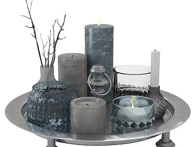 Modern Decorative Ornament Set With Metal Tray Gray Candles Glass Holders And Twig Vase 3d model