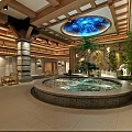 Elegant SPA Sauna Interior Design With Round Pool Stone Walls Wooden Ceiling And Green Plants