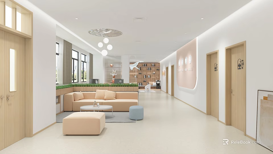 Modern Waiting Area Interior With Light Colored Sofa Round Coffee Table And Pendant Lights 3d model