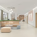 Modern Waiting Area Interior With Light Colored Sofa Round Coffee Table And Pendant Lights 3d model