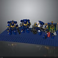Lego Warriors In Blue Yellow White Armor With Mechanical Creature And Weapons On Blue Platform