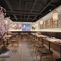 Natural Cozy Restaurant Featuring Cherry Blossom Tree Wooden Tables Pendant Lights And Round Wall Decor