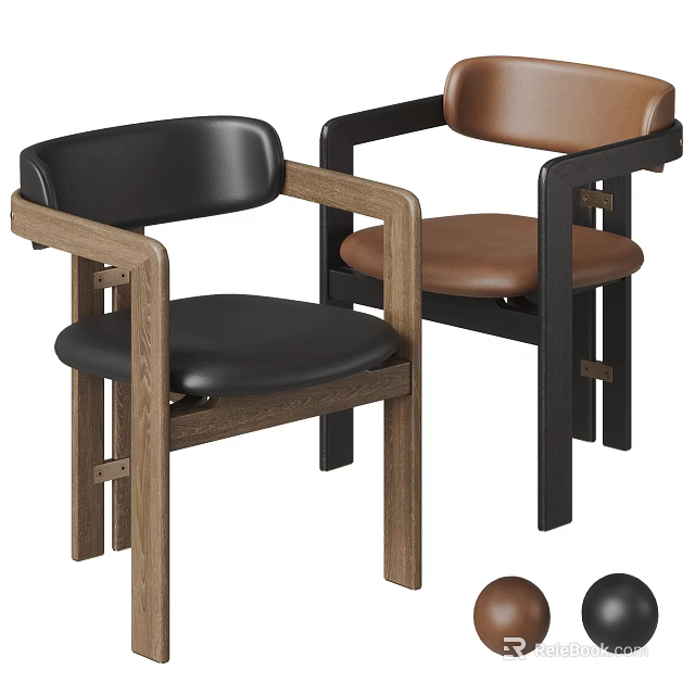 Modern Wooden Frame Dining Chairs With Black And Brown Leather Seats And Armrests 3d model 