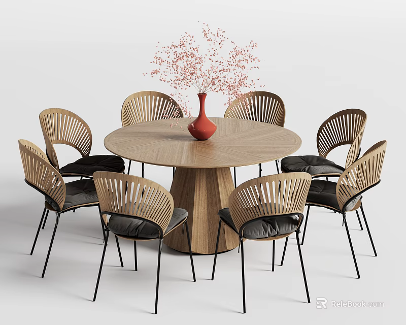 Round Wooden Dining Table Set With Rattan Back Chairs Black Cushions Red Vase Pink Flowers 3d model 