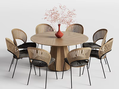 Round Wooden Dining Table Set With Rattan Back Chairs Black Cushions Red Vase Pink Flowers 3d model