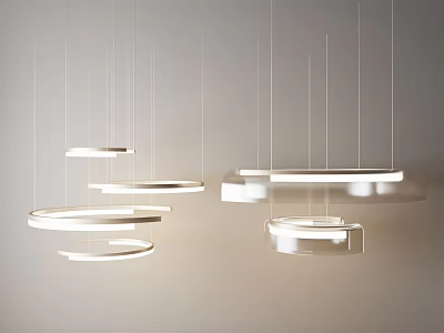 Modern Circular Pendant Lights Hanging In Light Colored Background With Sleek Stylish Metallic Glossy Design 3d model
