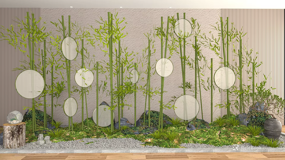 Indoor Bamboo Landscape With Circular Decorations And Green Plants 3d model 