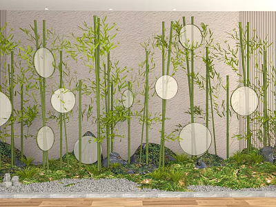 Indoor Bamboo Landscape With Circular Decorations And Green Plants 3d model