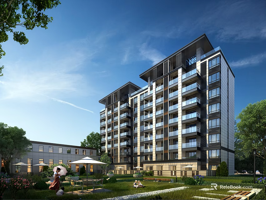 Modern High Rise Residential Building With Lush Greenery Lawn And Outdoor Space 3d model 