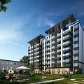 Modern High Rise Residential Building With Lush Greenery Lawn And Outdoor Space