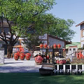 Traditional Homestay Building Courtyard with Green Trees Red Lanterns and Clay Pot Decorations