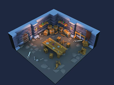 Cartoon Dungeon Interior Scene With Stone Walls Wooden Barrels Chests Table Chairs Swords And Torches 3d model