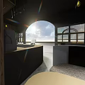 Cozy Cafe Interior Design With Arched Entrance Wooden Counter And Tables