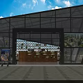 Modern Glass Building With Geometric Roof Metal Frame Indoor Seating Plants And Billboards