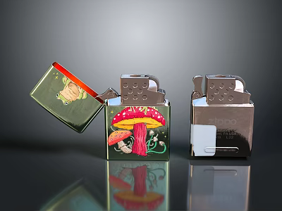 Stylish Lighters With Mushroom Pattern And Colorful Designs On 3d model