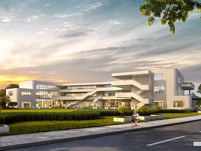 Modern Kindergarten Building Exterior With Green Lawn And Open Area 3d model
