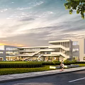 Modern Kindergarten Building Exterior With Green Lawn And Open Area