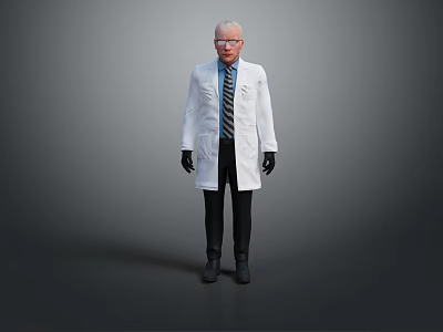 A Man Wearing White Doctor Coat Glasses Striped Tie Black Pants And Shoes 3d model