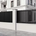 Elegant Black Metal Entrance Gate With Vertical Slats For White Villa Exterior