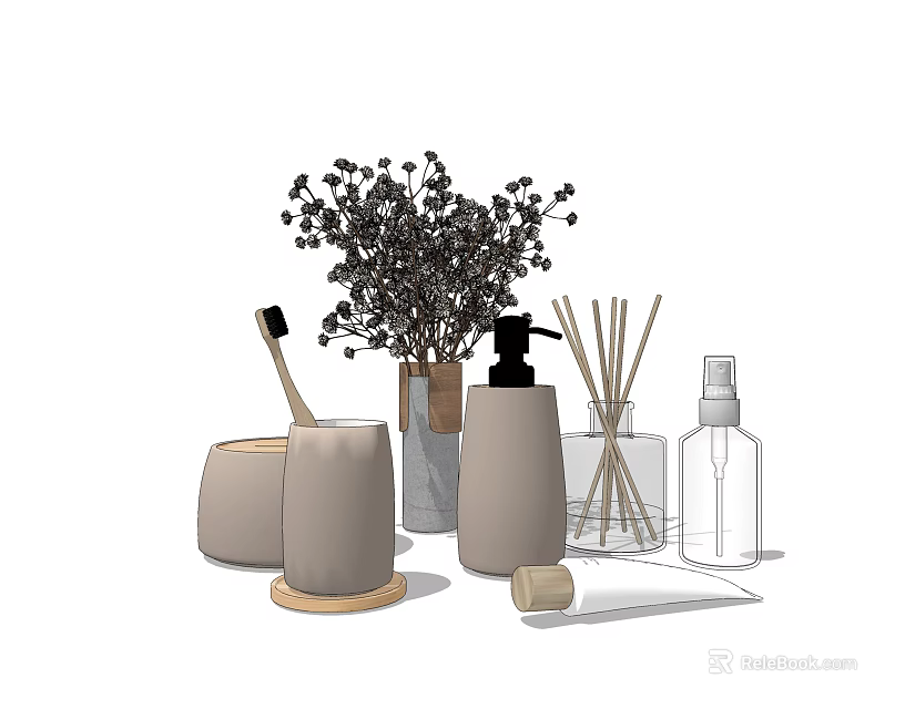Stylish Modern Bathroom Accessories With Soap Dispenser Diffuser And Dried Flower Vase 3d model 