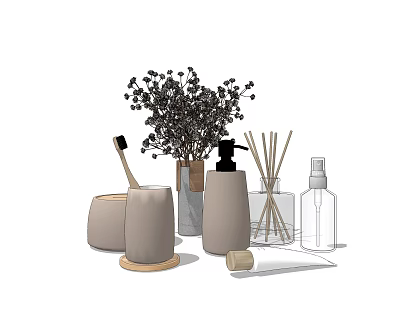 Stylish Modern Bathroom Accessories With Soap Dispenser Diffuser And Dried Flower Vase 3d model