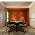 Hotel Mahjong Room Interior With Orange Walls Dragon Patterns And Green Chairs