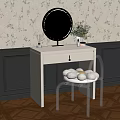 Elegant White Vanity Table With Round Mirror Metal Chair And Herringbone Floor