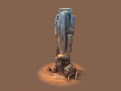 Desert Landscape With Ancient Stone Pillar Surrounded By Bones And Gold Coins 3d model