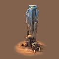 Desert Landscape With Ancient Stone Pillar Surrounded By Bones And Gold Coins