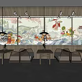 Japanese Restaurant Interior with Traditional Murals Wooden Decor Hanging Lamps and Dining Seats