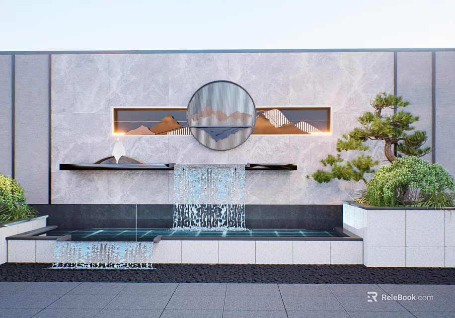 Gray Decorative Feature Wall With Circular Mountain Art Light Strips Waterfall And Greenery 3d model
