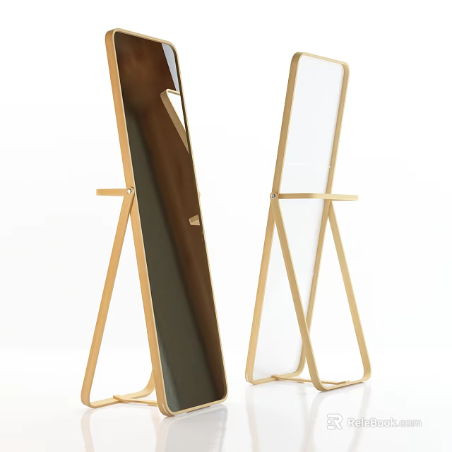 Two Modern Standing Mirrors With Golden A Shaped Stand And Dark White Reflective Surfaces 3d model 