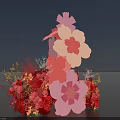Decorative Ornament Set With Flower Shaped Pink Red Beige Elements And Floral Decorations
