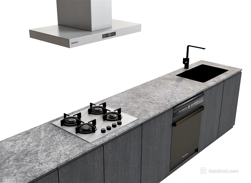Modern Gray Kitchen Island Cabinets With Stone Countertop Gas Stove Sink And Range Hood 3d model 